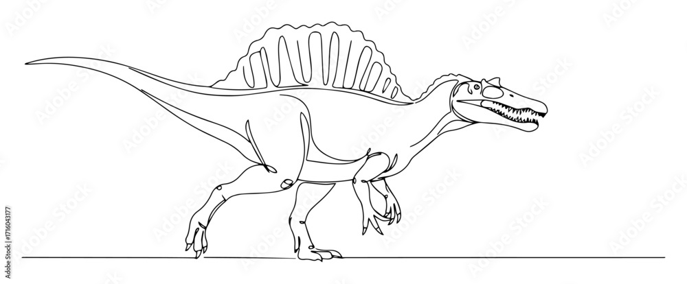 Fototapeta premium spinosaurus with sail stalking swamp monoline vector sketch