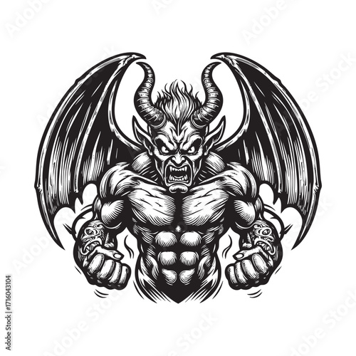 Satan with wings	Retro Style Black and White Engraving Illustration