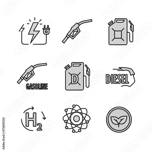 A collection of illustrated icons representing different energy sources and refueling equipment.