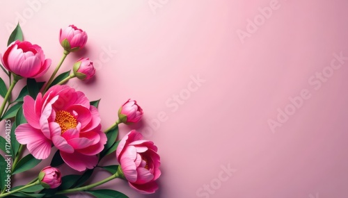 Fototapeta Naklejka Na Ścianę i Meble -  Low-poly pink and red peonies Floral banner design Pastel background Copy space , background, red