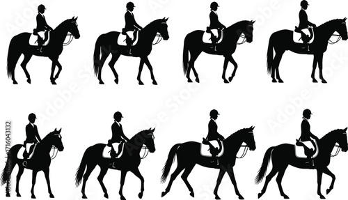 Horse riding silhouette sequence, black rider on galloping horse, equine motion phases, dynamic stride study, animation reference, vector illustration for biomechanics