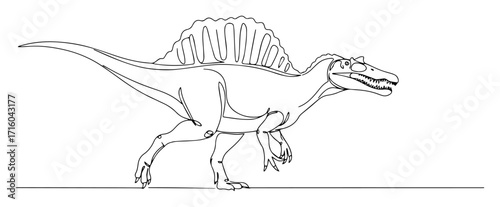 spinosaurus with sail stalking swamp monoline vector sketch