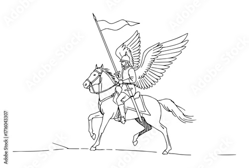 polish winged hussar on horseback with flag continuous one line drawing vector historical art