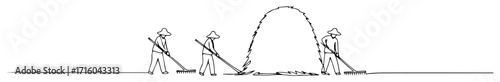 asian farmers threshing rice in the field continuous one line drawing vector agriculture art