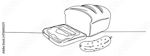 sliced bread loaf with cucumber and butter monoline thin lineart vector design