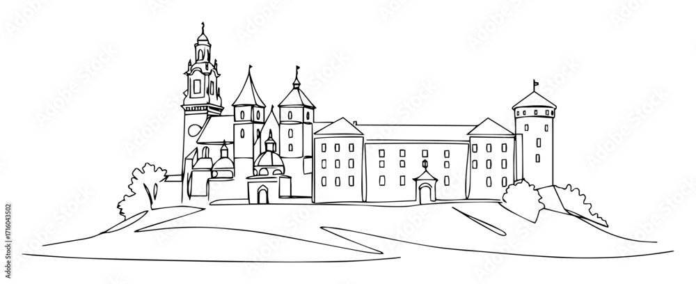 Fototapeta premium wawel castle krakow skyline on hill architectural landmark lineart monoline vector