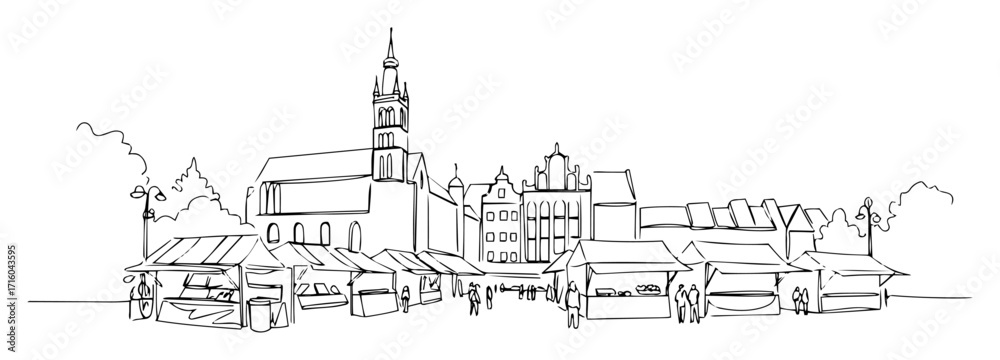 Obraz premium european town square market scene thin vector lineart