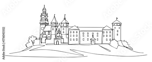 wawel castle krakow skyline on hill architectural landmark lineart monoline vector