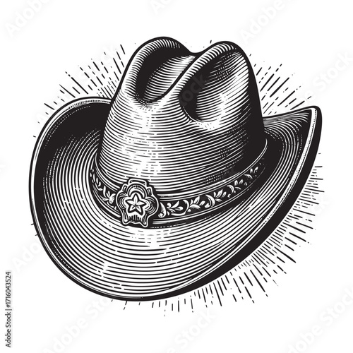 cowboy hat in Detailed Engraving Style Black and White. Isolated on transparent background. 