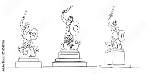 three mermaid warrior statues with swords and shields monoline thin lineart vector design