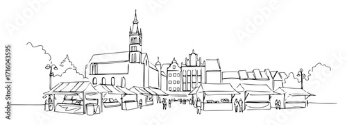 european town square market scene thin vector lineart
