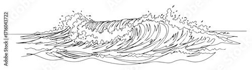 big ocean storm wave with foam hand drawn vector sketch illustration