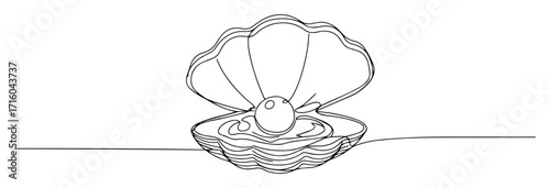 open seashell with shining pearl continuous thin line drawing monoline vector outline