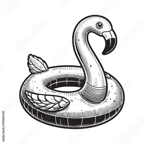 Detailed Vector Illustration	flamingo inflatable balloon	in Detailed Black and White Drawing