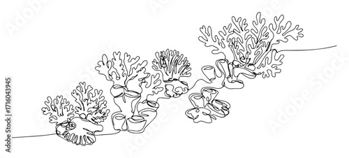 single continuous line drawing of a diverse coral reef ecosystem underwater marine nature landscape vector illustration