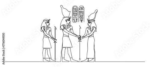 ancient egyptian pharaohs with hieroglyphs monoline thin lineart vector design