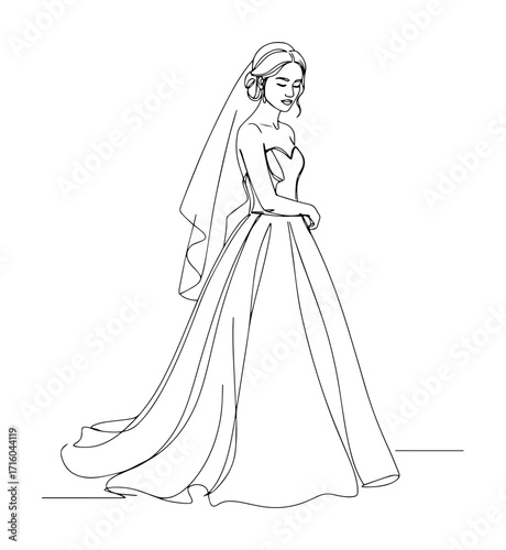 bride in wedding dress standing elegant monoline thin lineart vector design