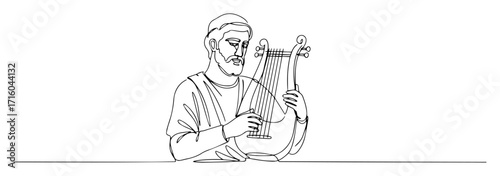 Ancient greek bard playing lyre – minimal line art vector