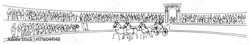 Roman chariot race in colosseum crowd – panoramic line art vector