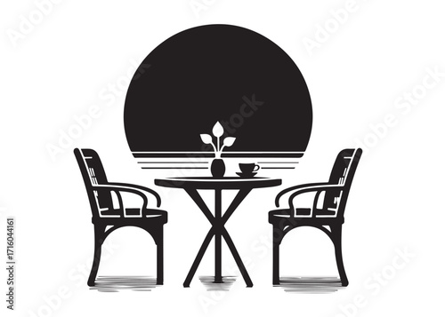 two chairs and table logo silhouette vector, table with chairs silhouette vector illustration, romantic dinner table silhouettes, table with umbrella and two chairs logo silhouettes vector 