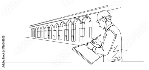 architect engineer with helmet inspecting construction site with blueprint one line drawing vector illustration