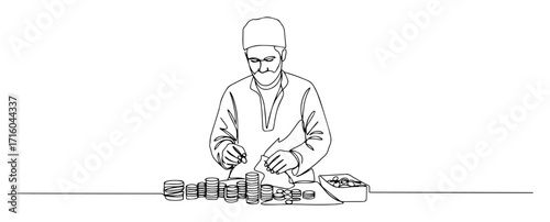 elderly shopkeeper counting coins and stacking money continuous line illustration monoline vector outline