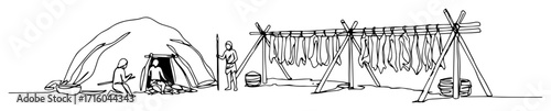stone age hunters camp with cave fire and drying meat racks prehistoric survival scene oneline vector outline
