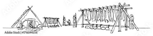 large fish drying racks along shore primitive settlement thin line panorama monoline vector outline
