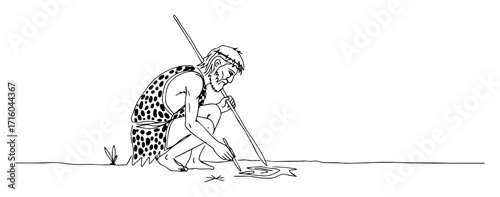 early human starting fire with bow drill primitive survival skill continuous line drawing monoline vector outline