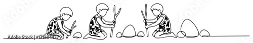 prehistoric children playing with sticks and stones monoline thin lineart vector design