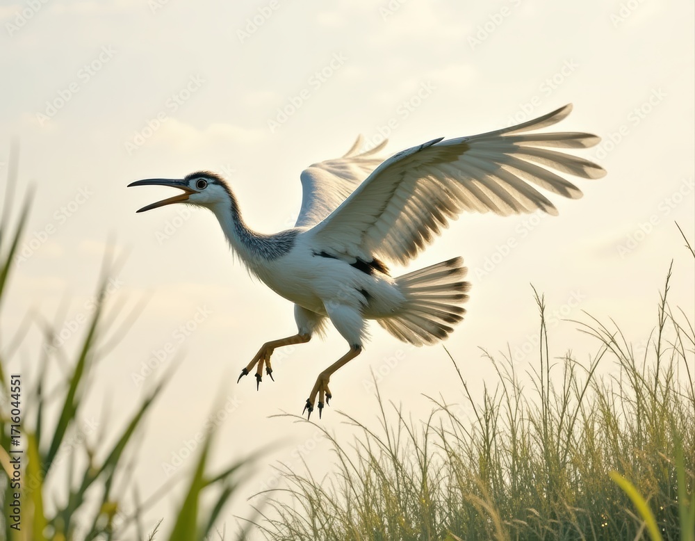 Fototapeta premium Majestic Bird in Flight Above Tall Grass Under Soft Sunset Light, Capturing the Beauty of Nature and Wildlife in Tranquil Environment
