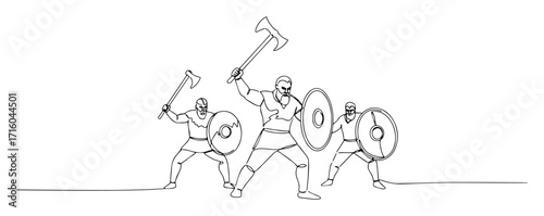 single one line drawing of three fierce viking warriors with axes and shields posing for battle vector design