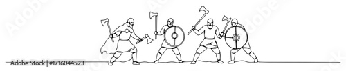 one continuous line drawing of a horde of viking warriors charging into battle with axes raised high vector illustration