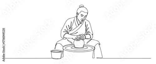 one continuous line drawing of a traditional potter artisan shaping clay on a pottery wheel creating a vase vector sketch