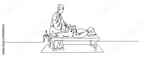 single one line drawing of a traditional chinese medicine doctor performing an acupuncture treatment on a patient vector lineart