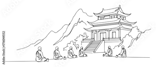 buddhist monks meditating at shaolin temple in mountains continuous one line drawing vector illustration