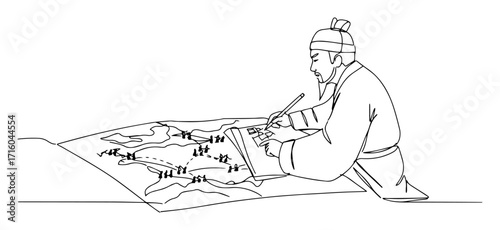 one continuous line drawing of an ancient chinese scholar or strategist drawing a battle map on a scroll vector design