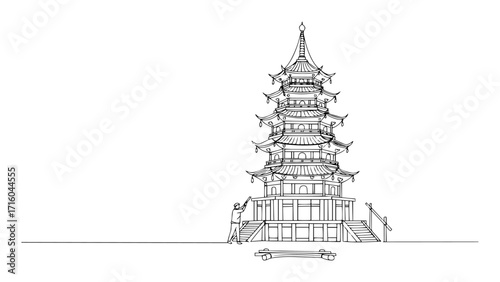 chinese pagoda tower traditional asian architecture landmark continuous one line drawing vector art