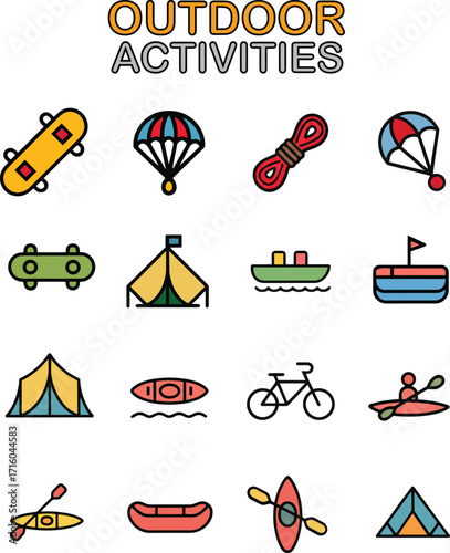 Outdoor Activities Icon Set – Camping, Kayaking, Cycling, and Adventure Sports Vector. A Colorful Collection of Adventure and Outdoor Recreation Icons representing a Variety of Enjoyable Activities. 