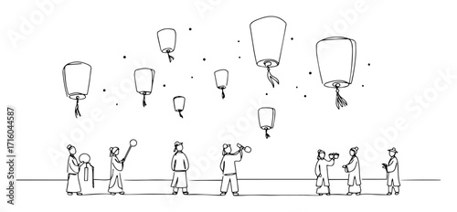 people releasing sky lanterns during chinese festival continuous one line drawing vector art design