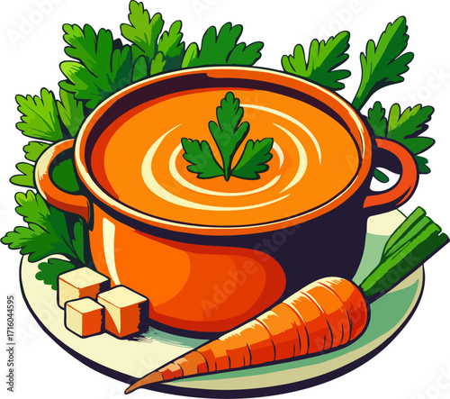Cartoon Vector of Carrot Soup in Orange Pot with Fresh Parsley, Whole Carrot, and Croutons for Healthy Vegan Recipe Illustration