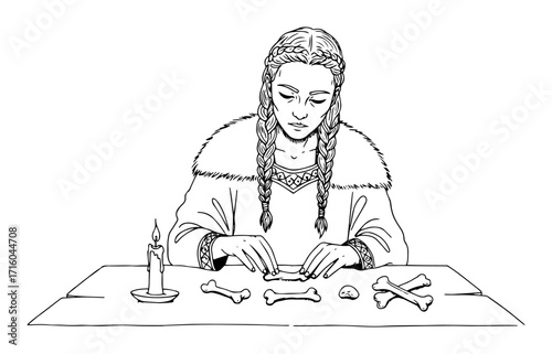 ancient diviner reading oracle bones monoline vector lineart