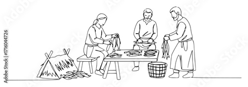 tribal hide tanning by campfire artisans monoline vector lineart