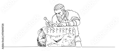 viking runemaster carving sacred runes on stone monoline vector lineart