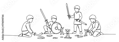 children role playing knights battle with toys outline monoline vector sketch