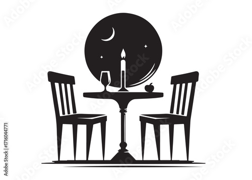 two chairs and table logo silhouette vector, table with chairs silhouette vector illustration, romantic dinner table silhouettes, table with umbrella and two chairs logo silhouettes vector 