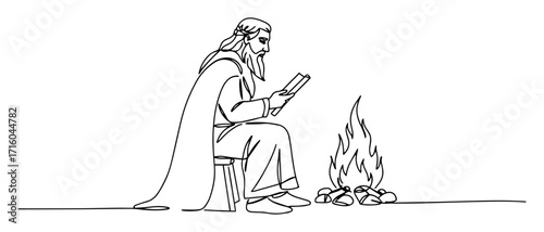 a wise old wizard or druid reading a book by a campfire fantasy character continuous one line drawing vector illustration