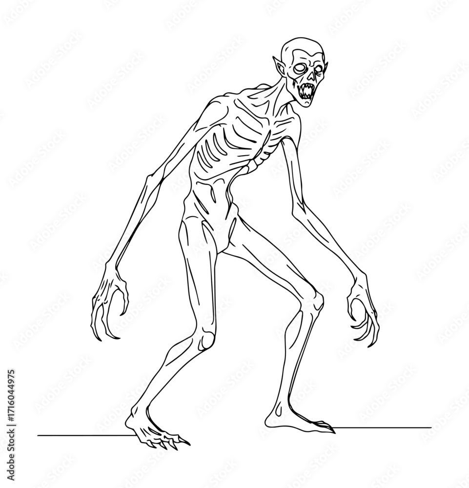 Fototapeta premium emaciated ghoul zombie lurking monoline vector lineart