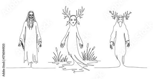 set of slavic mythology monsters leshy and mora continuous one line drawing vector folklore art