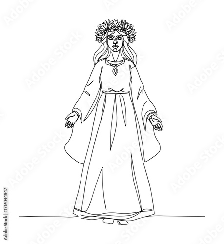 slavic pagan goddess with flower wreath for midsummer festival continuous one line drawing vector illustration